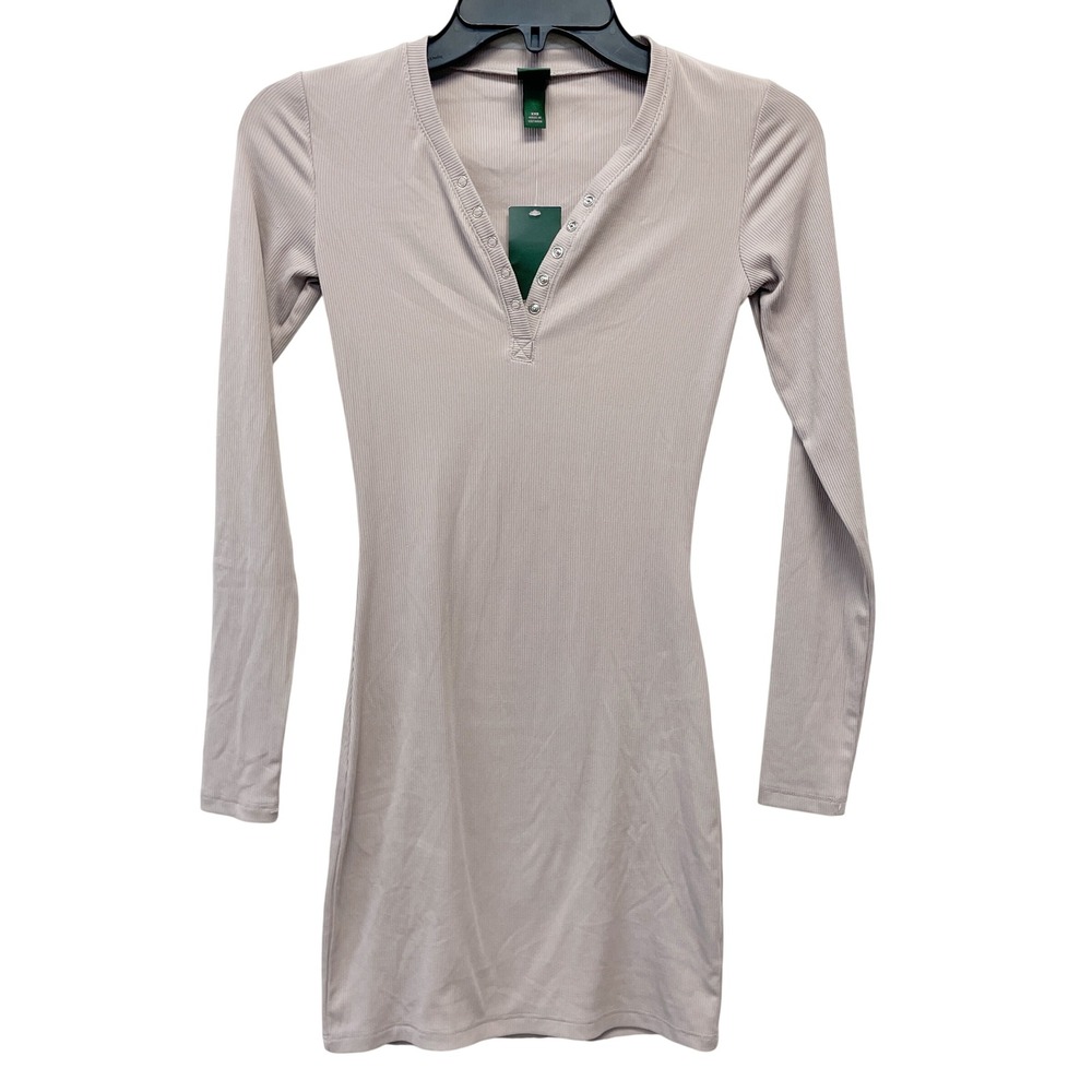 Wild Fable Women's Taupe Ribbed Henley Long Sleeve‎ Bodycon Mini Dress Size XXS